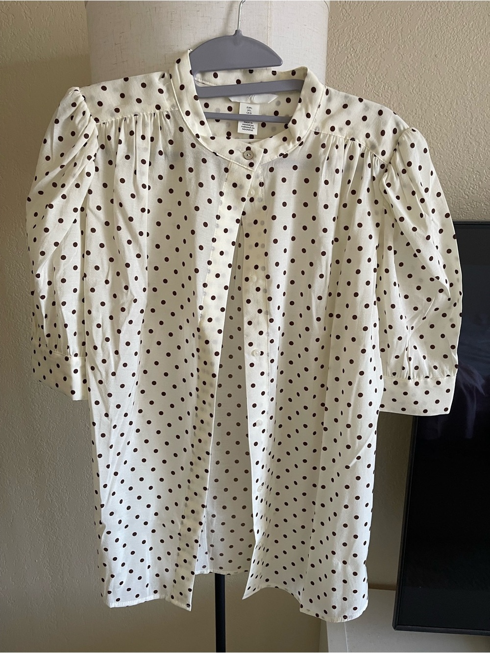 H&M Cream Blouse with Brown Polka Dots and Puff Sleeves